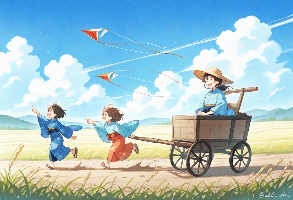 【時代劇風】凧揚げしながら乳母車を押す親子