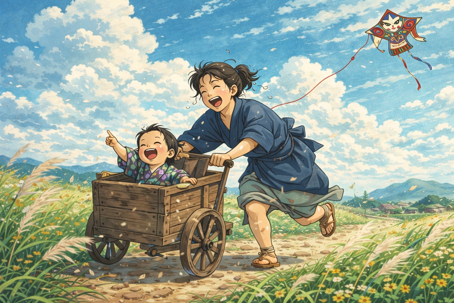 【時代劇風】凧揚げしながら乳母車を押す親子 | の人気AIイラスト・グラビア