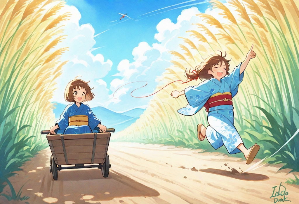 【時代劇風】凧揚げしながら乳母車を押す親子
