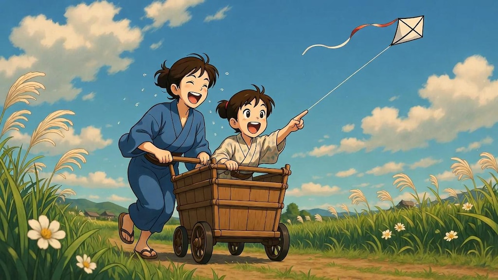 【時代劇風】凧揚げしながら乳母車を押す親子