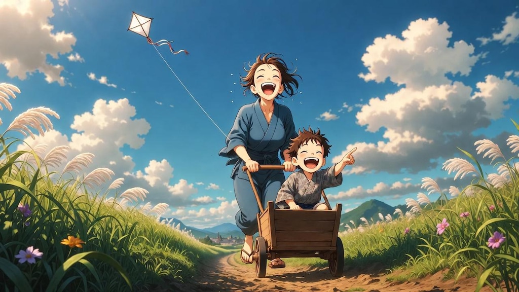 【時代劇風】凧揚げしながら乳母車を押す親子