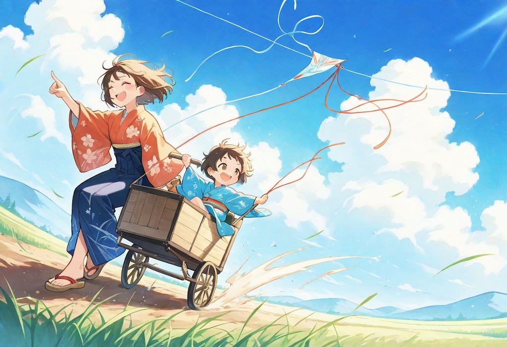 【時代劇風】凧揚げしながら乳母車を押す親子