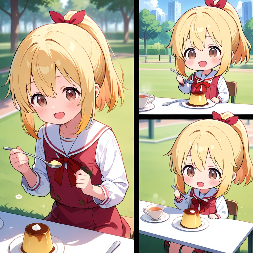 プリンを食べる金ポニテちゃん、ちび金ポニテちゃん | の人気AIイラスト・グラビア