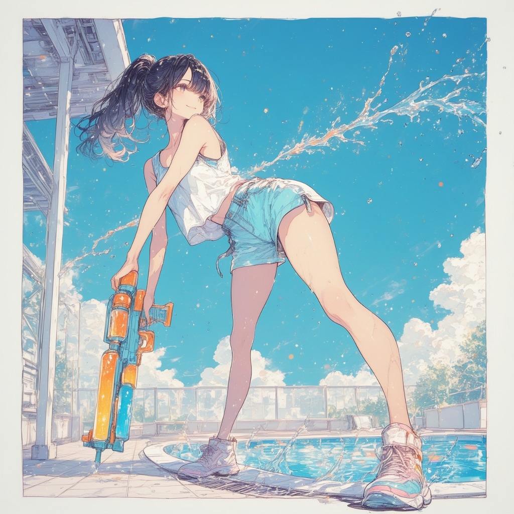 夏空の下で水遊び