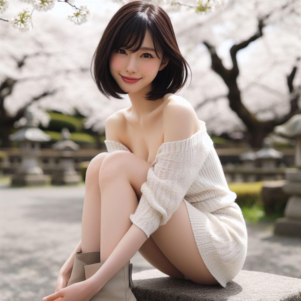 桜の季節に座っている女性(4/7)