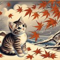 猫の子がちょいと押さえる木の葉かな　日本画・浮世絵風 7枚目