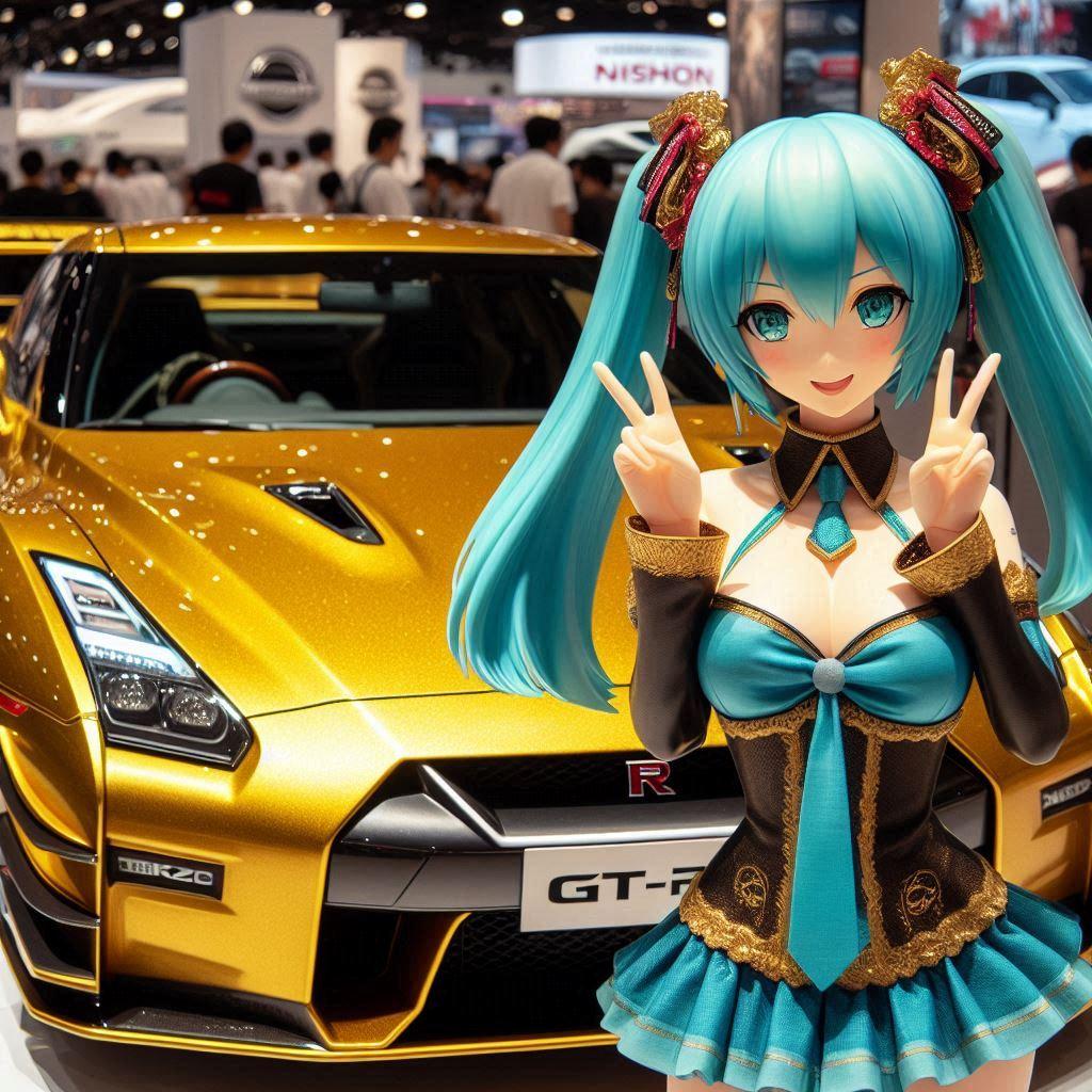 ゴールドカラー日産GT-Rと初音ミク | の人気AIイラスト・グラビア