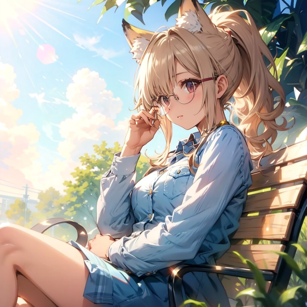 ベンチのネコ耳眼鏡娘 | の人気AIイラスト・グラビア