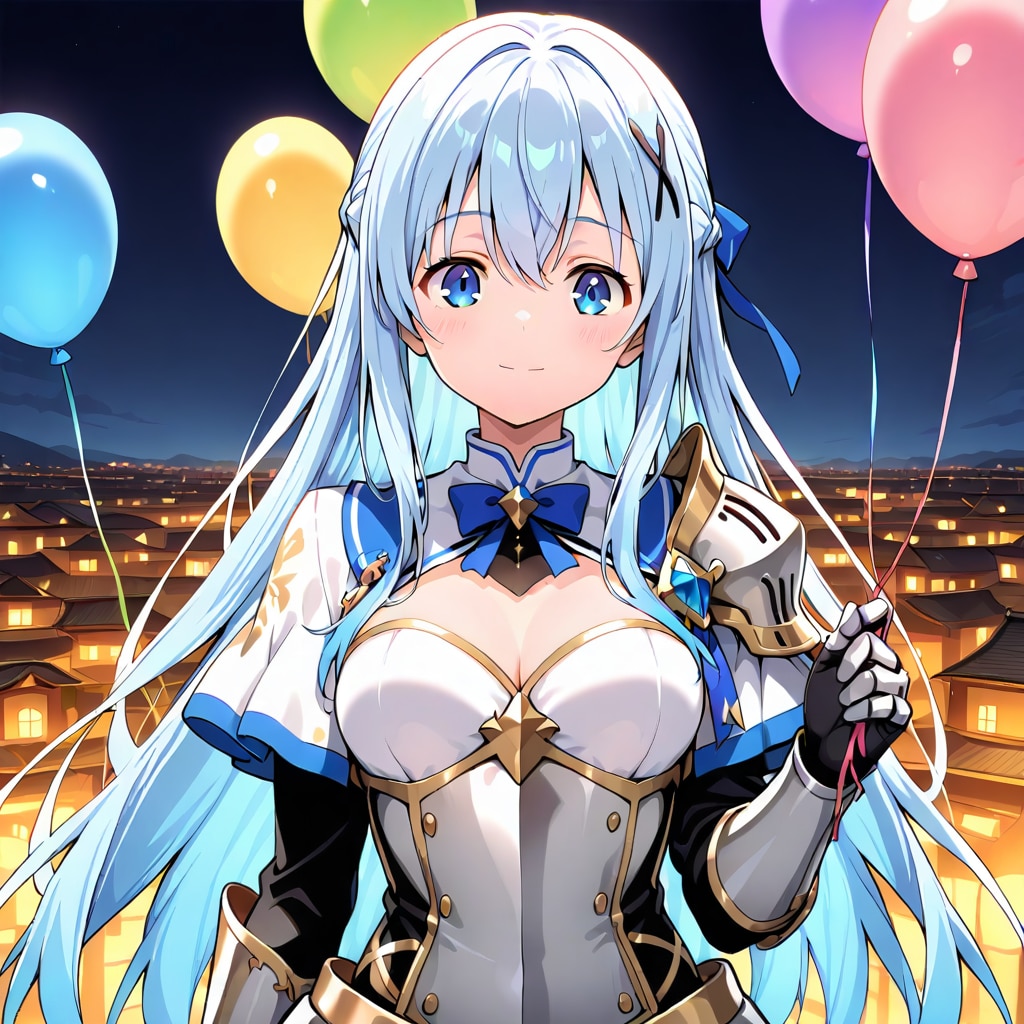 いっぱい色とりどりの風船を持つ青い髪ロングの騎士の美女 | の人気AIイラスト・グラビア