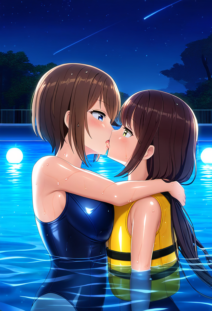 百合カップルのナイトプール