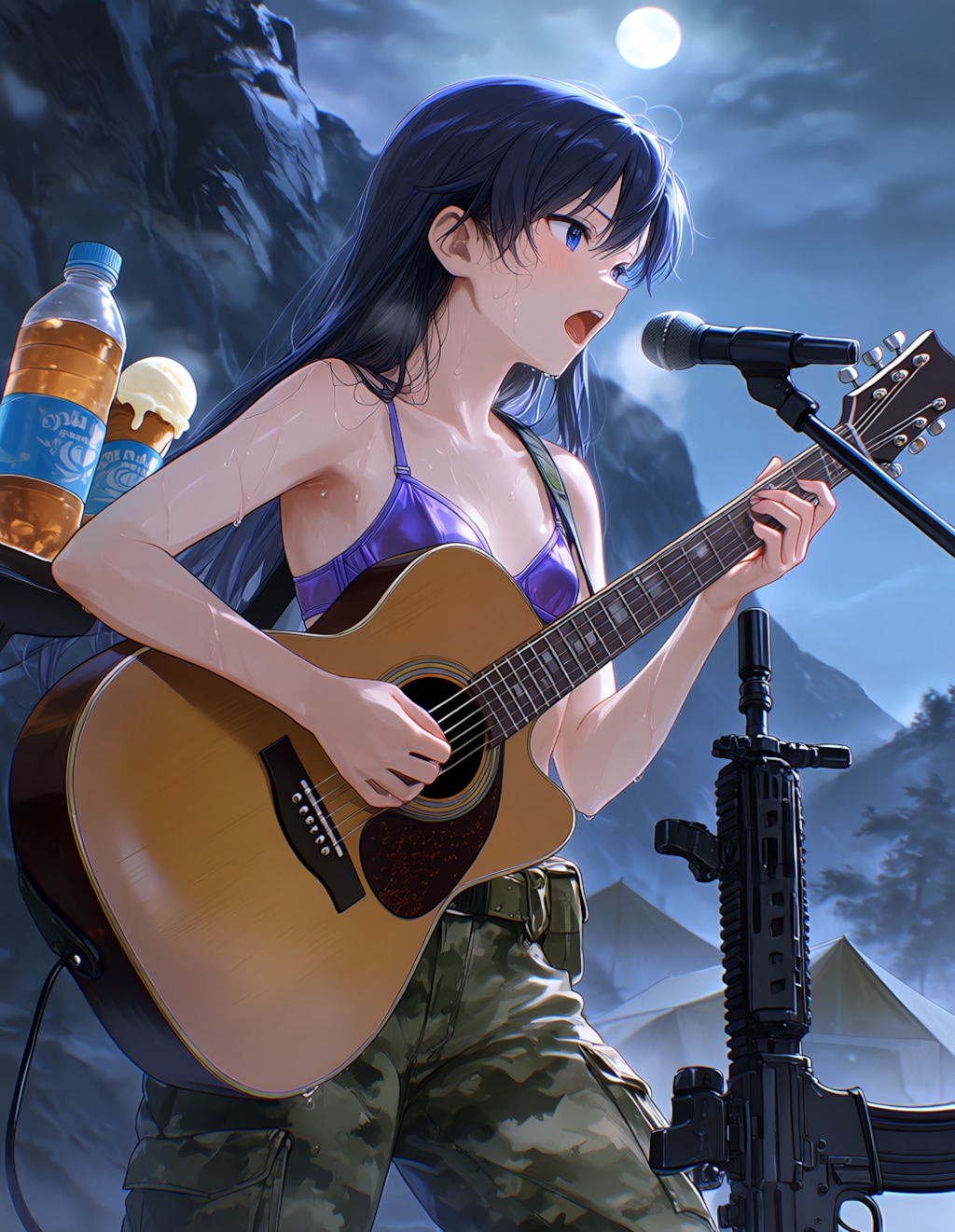 月夜の岩山でギターを弾く千早(PixAI版)
