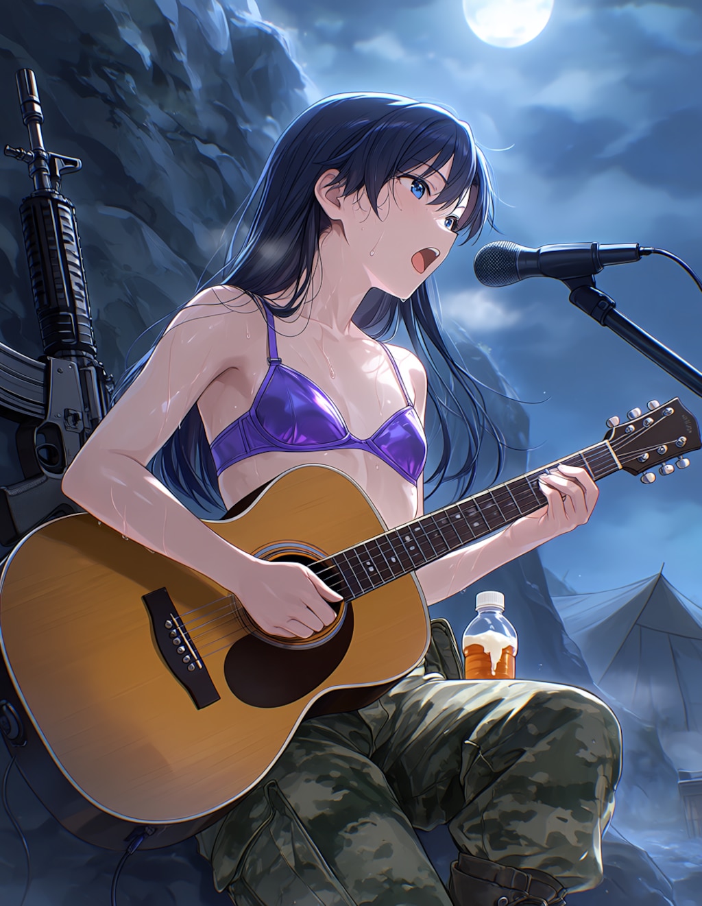 月夜の岩山でギターを弾く千早(PixAI版)