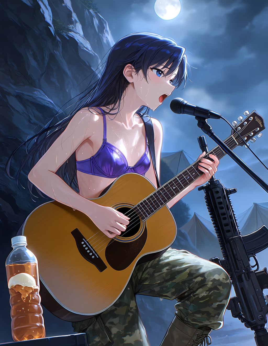 月夜の岩山でギターを弾く千早(PixAI版)