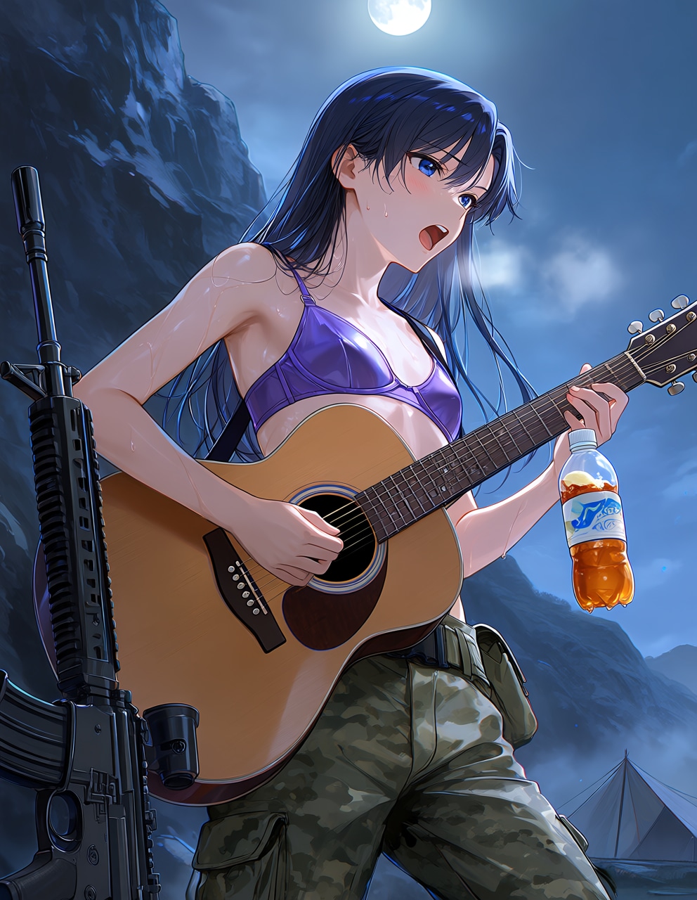 月夜の岩山でギターを弾く千早(PixAI版)