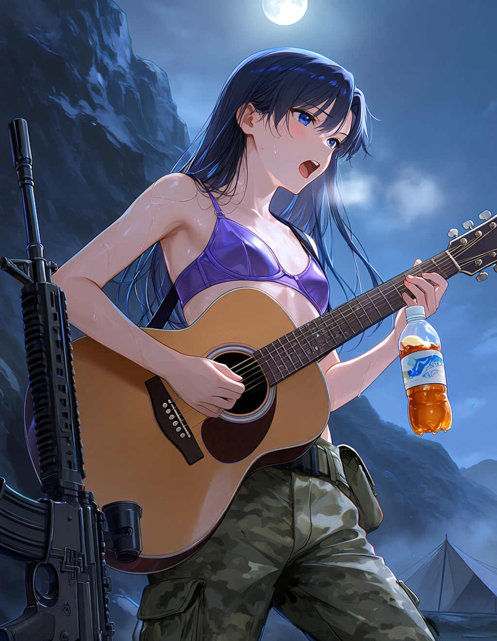 月夜の岩山でギターを弾く千早(PixAI版)