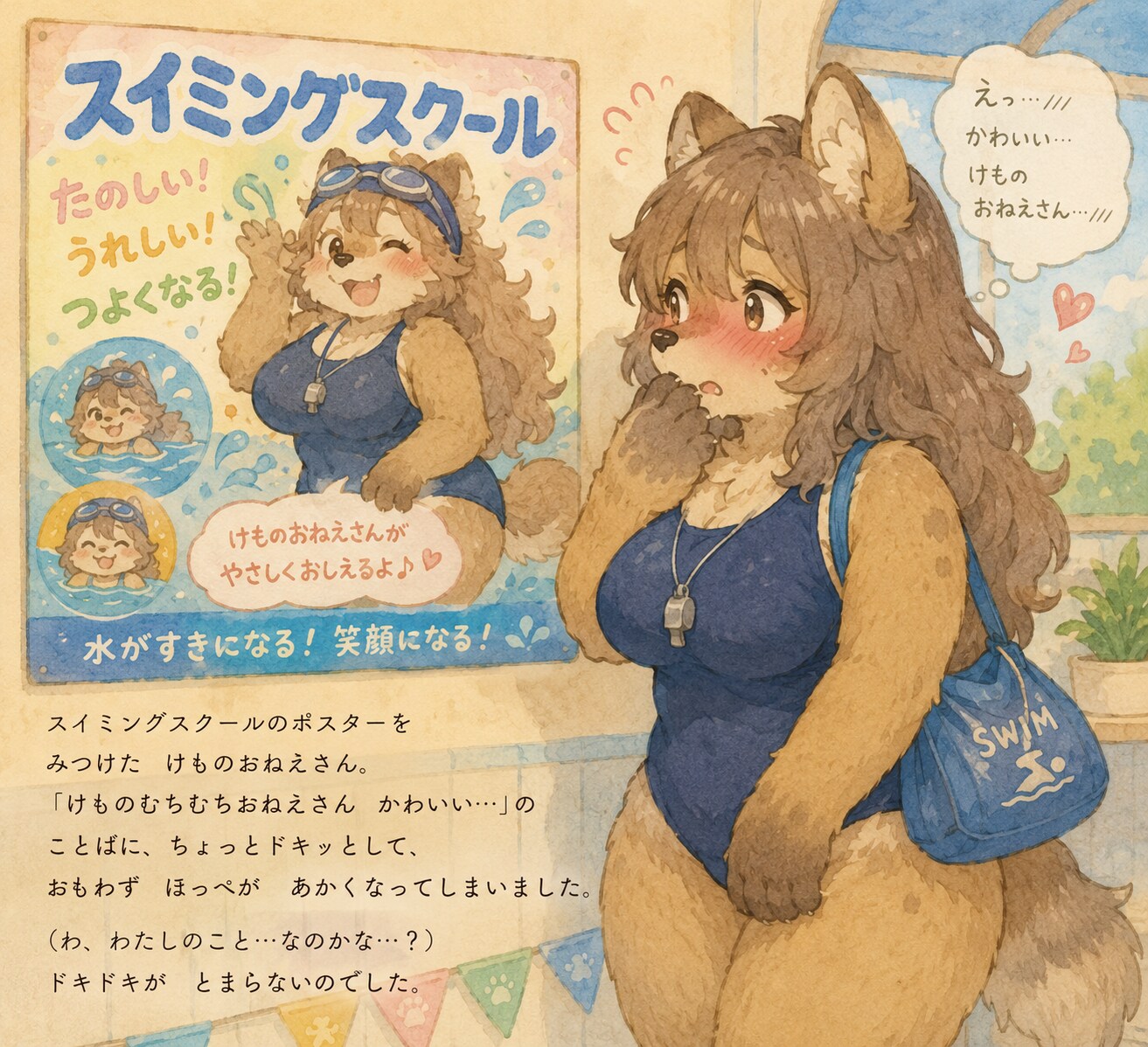 スイミングスクールのポスターとけものおねえさん