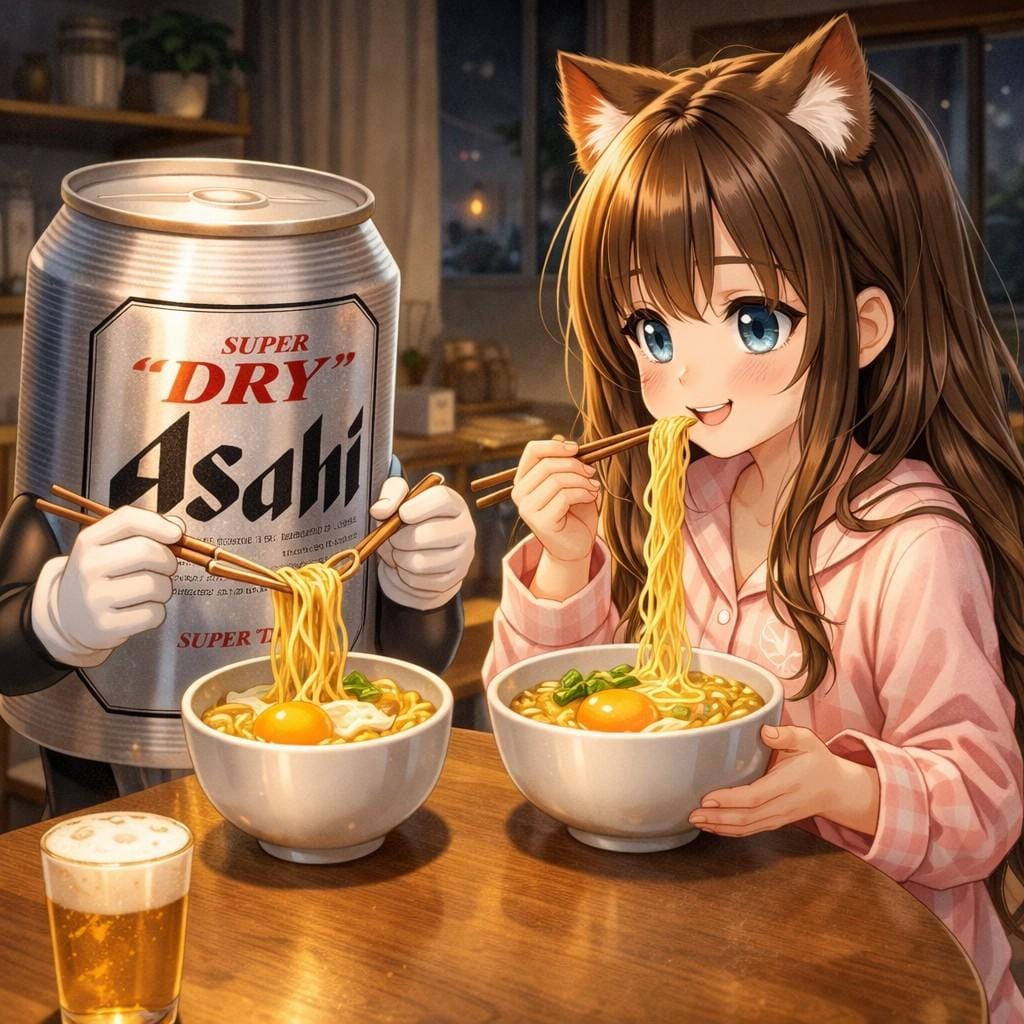 夜にラーメンをこっそり食べる小さな女の子