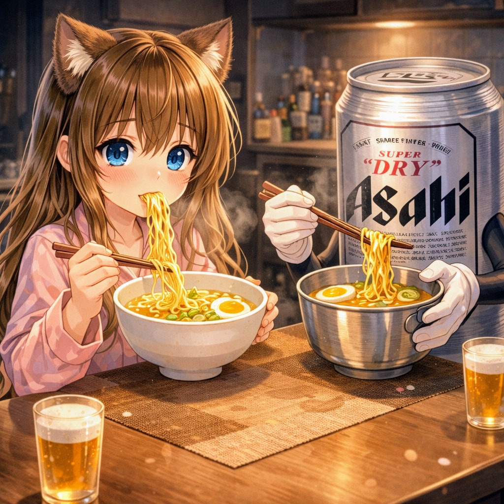 夜にラーメンをこっそり食べる小さな女の子
