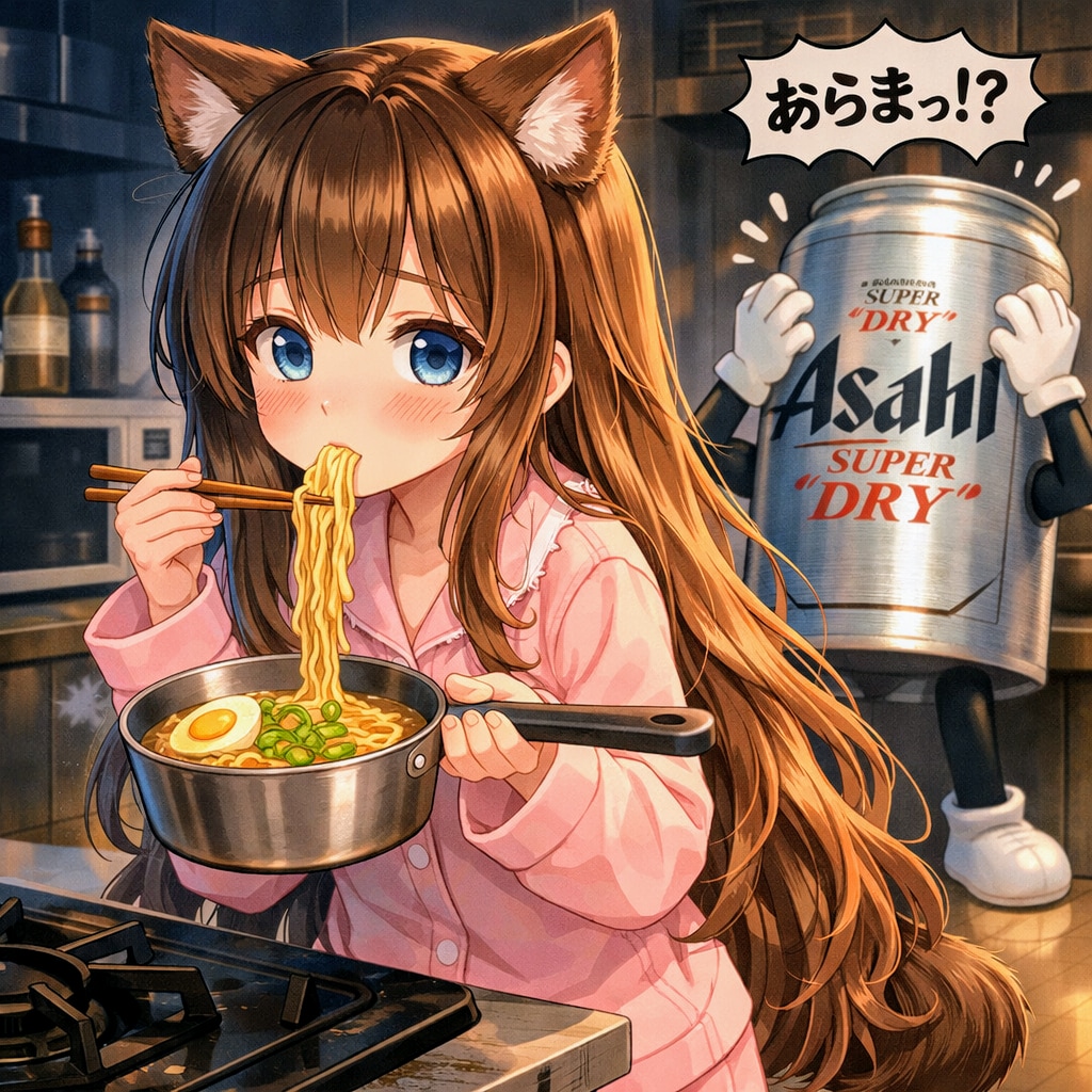 夜にラーメンをこっそり食べる小さな女の子