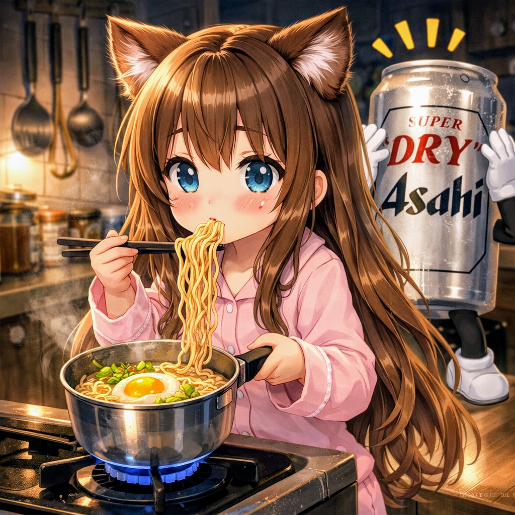 夜にラーメンをこっそり食べる小さな女の子