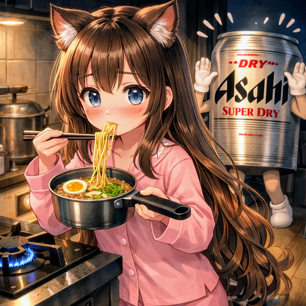 夜にラーメンをこっそり食べる小さな女の子