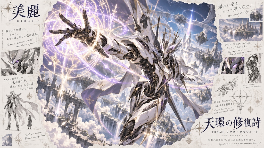 Nox Seraphid  Set against a breathtaking sky filled with floating celestial cities and ancient ruins