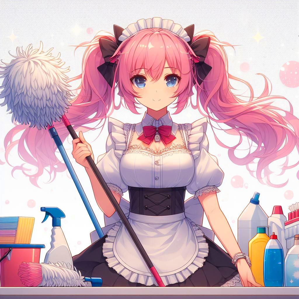 大掃除をする、ピンクツインテールのメイドさん♥(4枚)