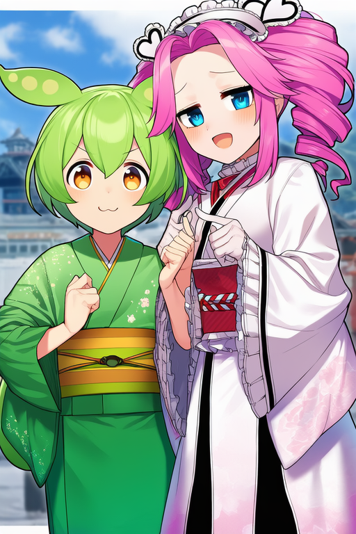 ずんだもんと四国めたんの晴れ着姿