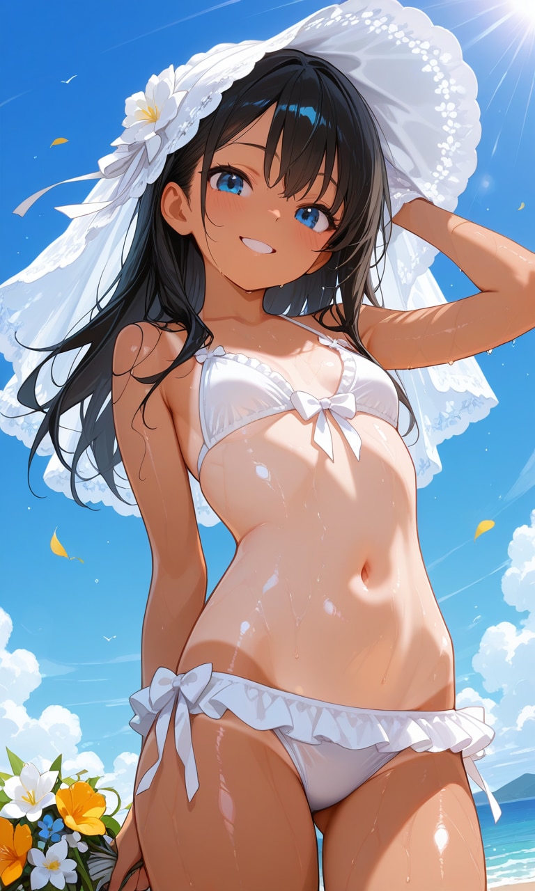 日焼け肌の黒髪少女とウェディングビキニ♡