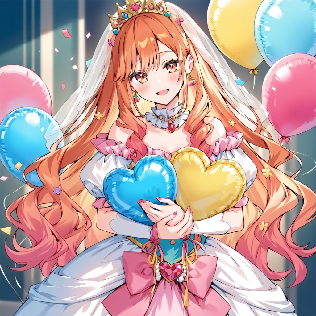 いっぱい色とりどりの風船を持つオレンジ髪ロングのお姫様