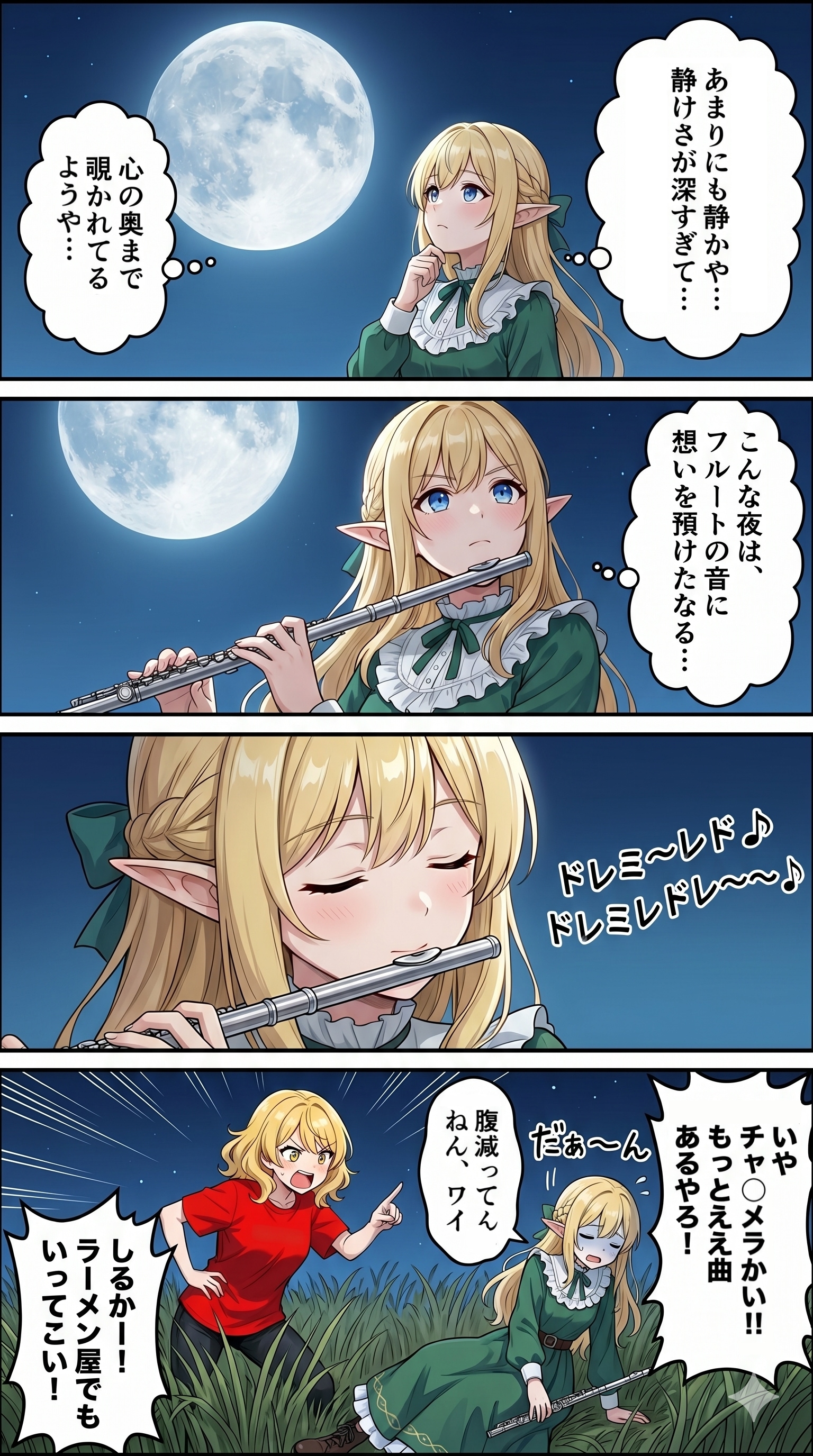 4コマ漫画「月夜に響く、フルートの旋律」