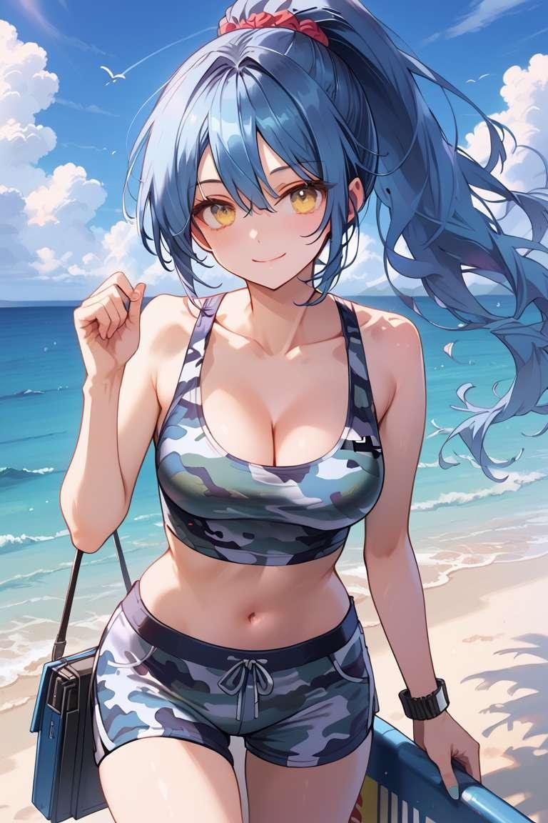 青迷彩水着