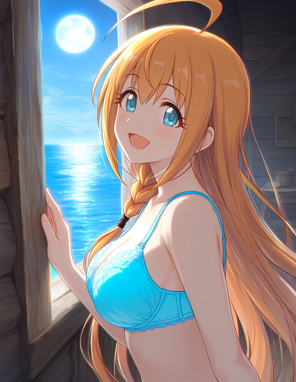 下着姿のペコリーヌと夜の海(PixAI版リメイク)
