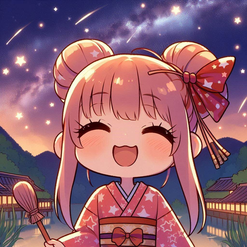 笑顔で天の川を見上げているちびちゃん