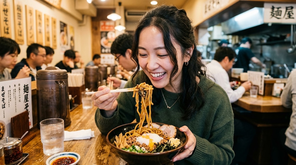 油そば(汁なしラーメン)を食べる女性
