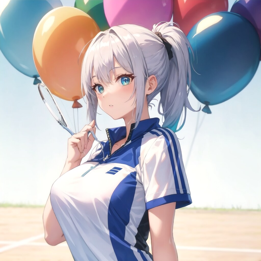 いっぱい色とりどりの風船を持つ銀髪ポニーテールのテニスウェア着た美女 | の人気AIイラスト・グラビア