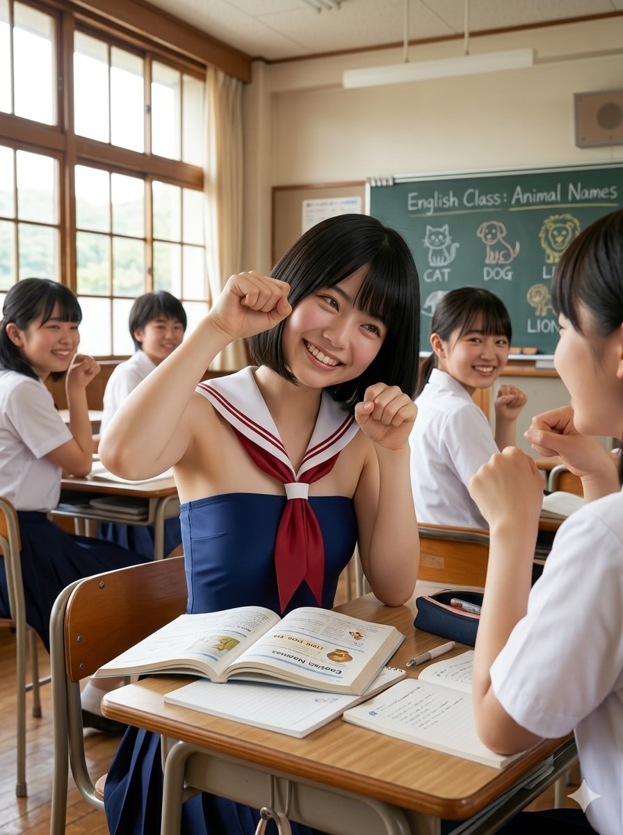 真夏の夏季講習中、涼しげなオフショル仕様のセーラー制服コーデが放つ圧倒的透明感と破壊力…！！無邪気なゴロにゃんスマイルに、全男子生徒のガマン汗が止まらないダウンタイムが発動中…ッ！！✨✨