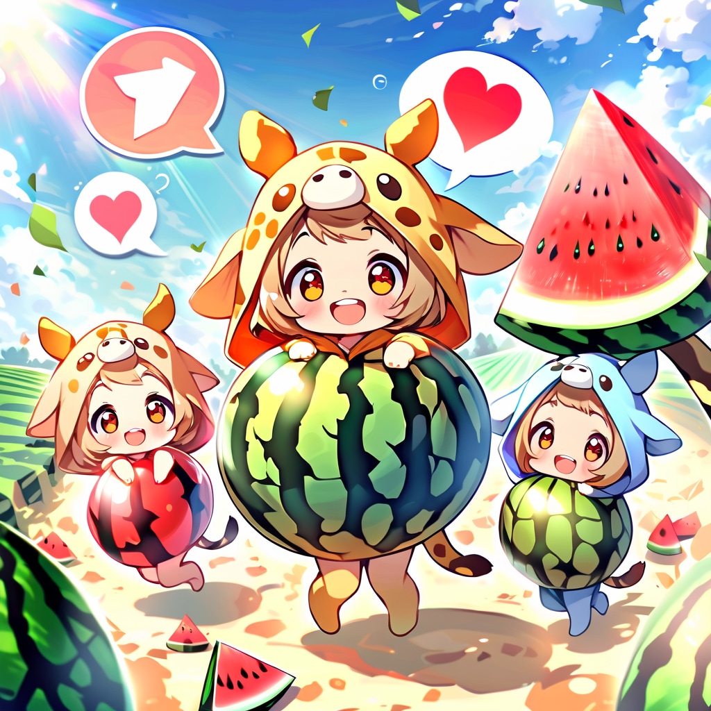 大きなスイカとキリン着ぐるみちび子ちゃん