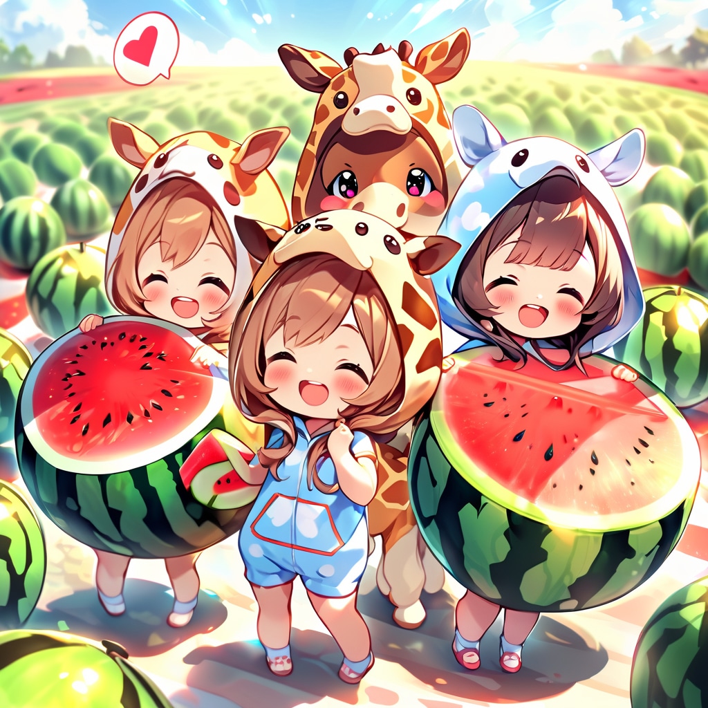 大きなスイカとキリン着ぐるみちび子ちゃん