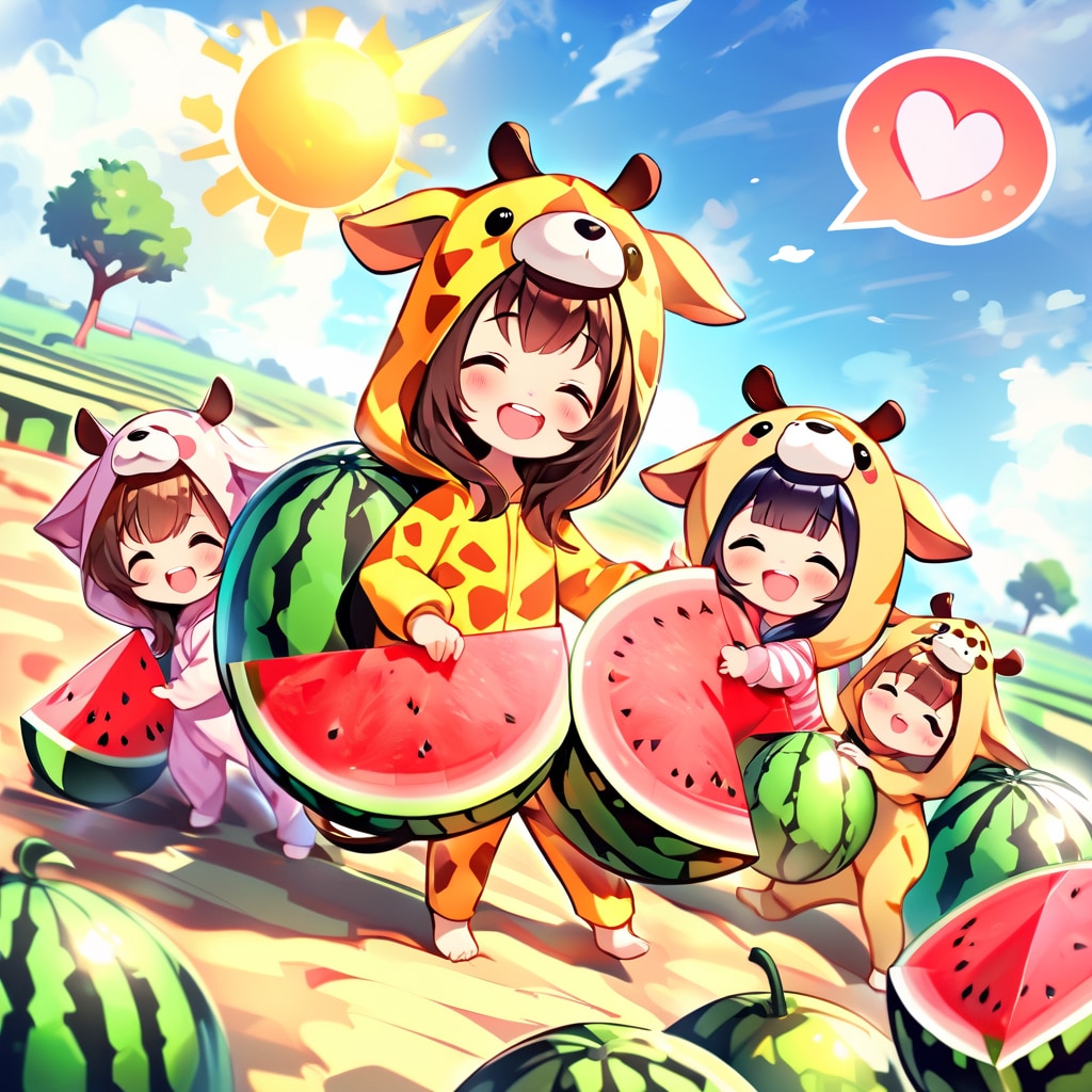 大きなスイカとキリン着ぐるみちび子ちゃん