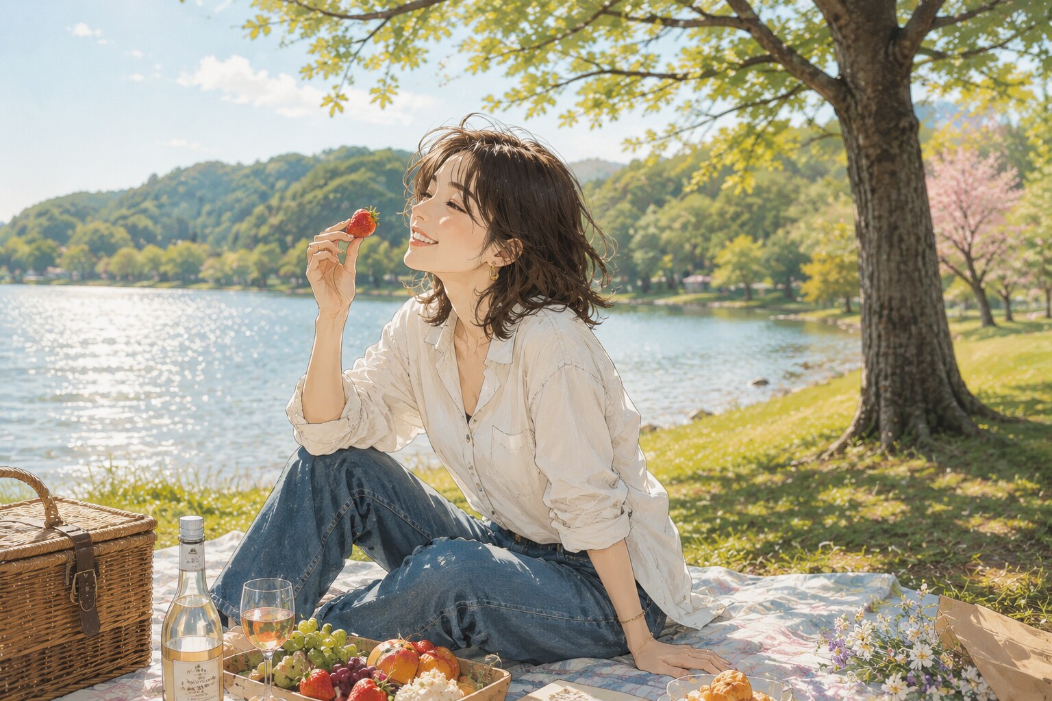 湖畔でピクニック