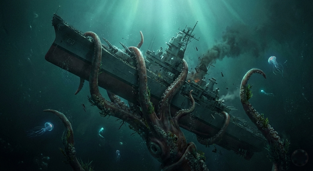 ダイオウイカに襲われる大型船