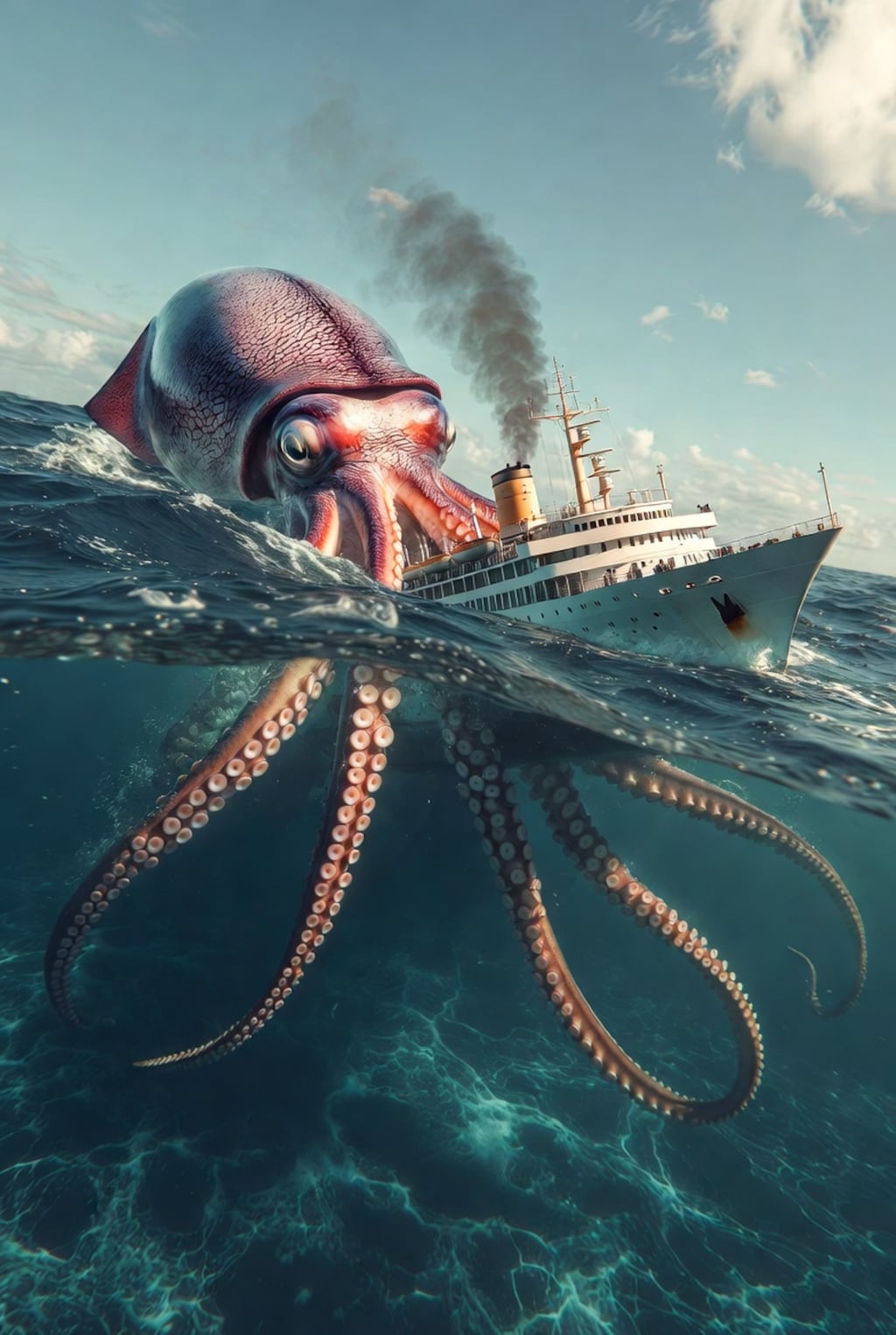 ダイオウイカに襲われる大型船