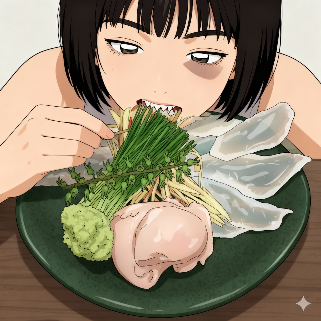 カワハギの刺身を食う少女