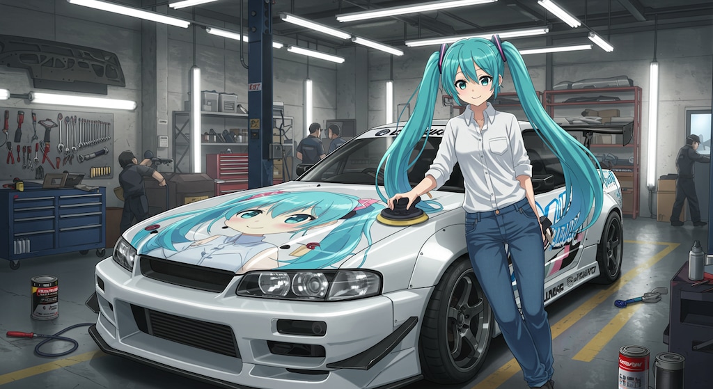 車をお手入れする初音ミク　リメイク