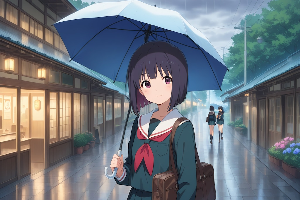 梅雨の古都の帰宅風景
