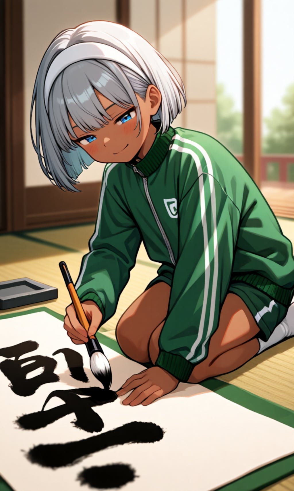 書き初めをする少年