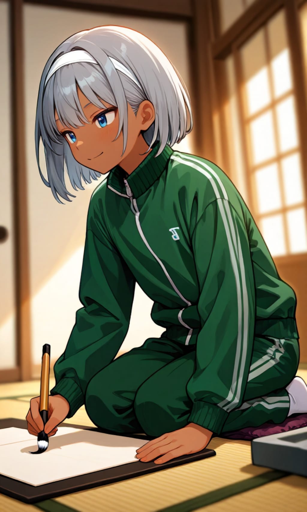 書き初めをする少年