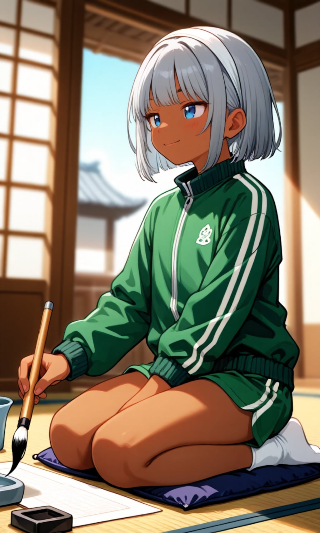 書き初めをする少年