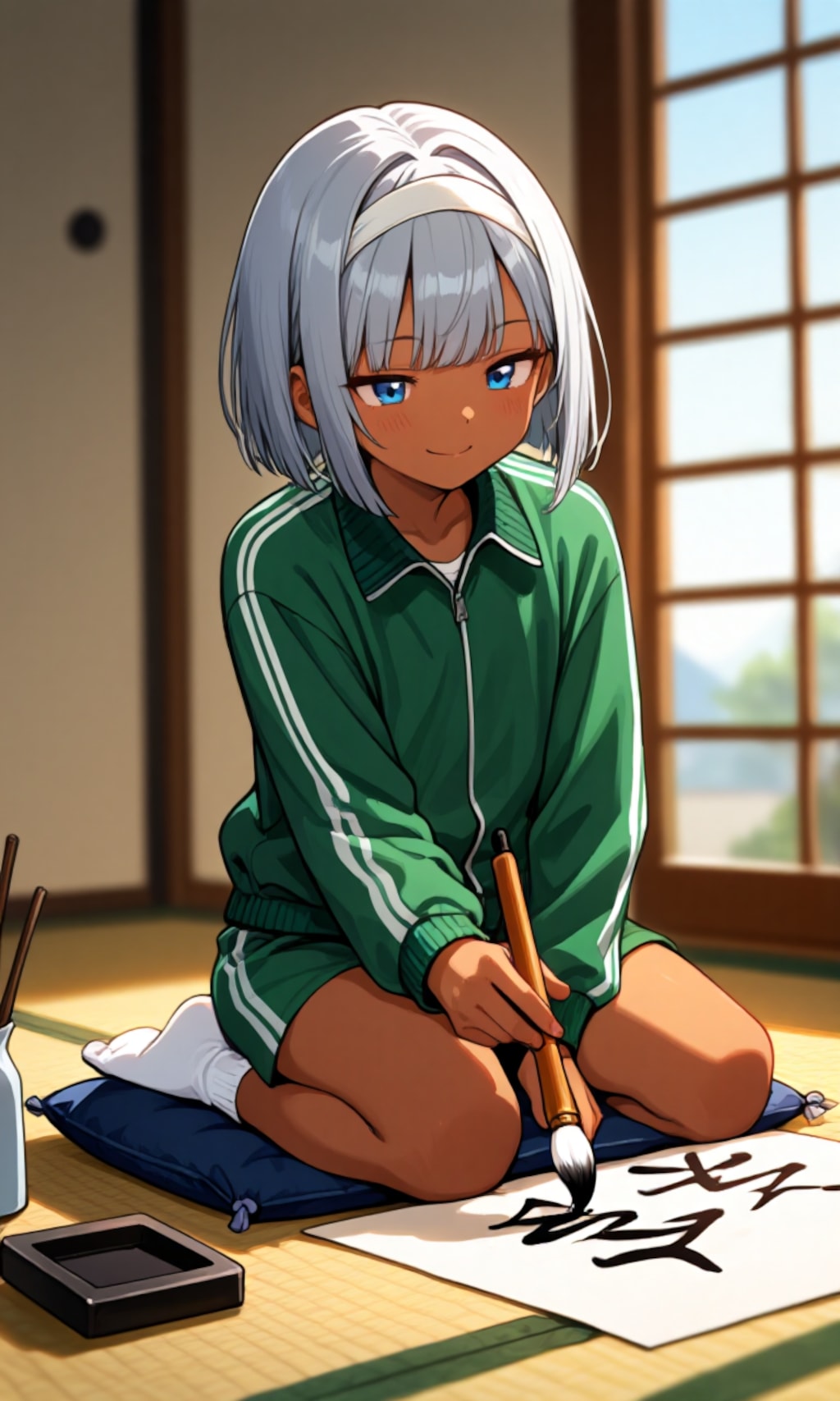 書き初めをする少年